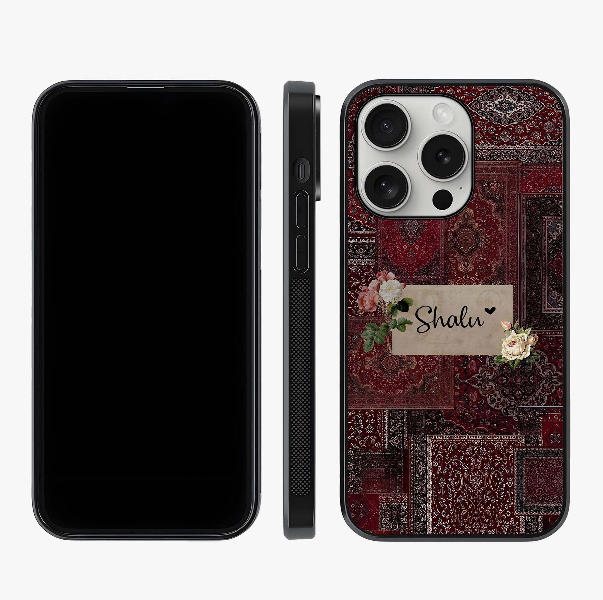 Velvet Wine Pattern Custom Name Glass Case displayed upright for full design visibility and premium finish.