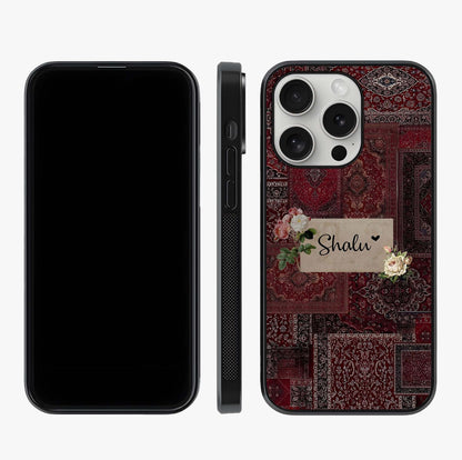 Velvet Wine Pattern Custom Name Glass Case displayed upright for full design visibility and premium finish.