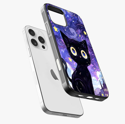 Abstract Cat Art Glass Case laid diagonally highlighting side profile, edges and glossy glass shine.