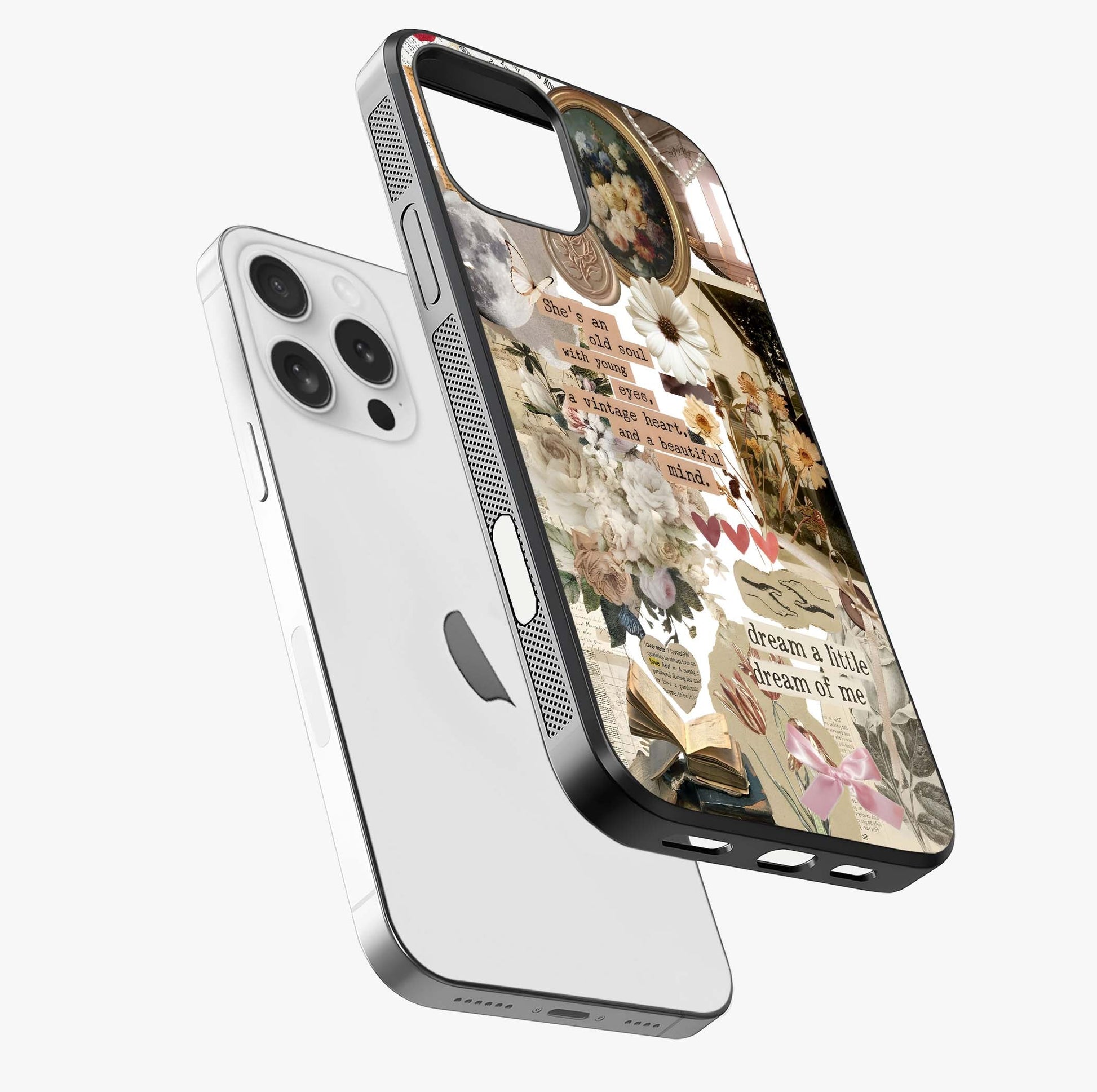 Aesthetic Brown Vintage Collage Glass Case laid diagonally highlighting side profile, edges and glossy glass shine.