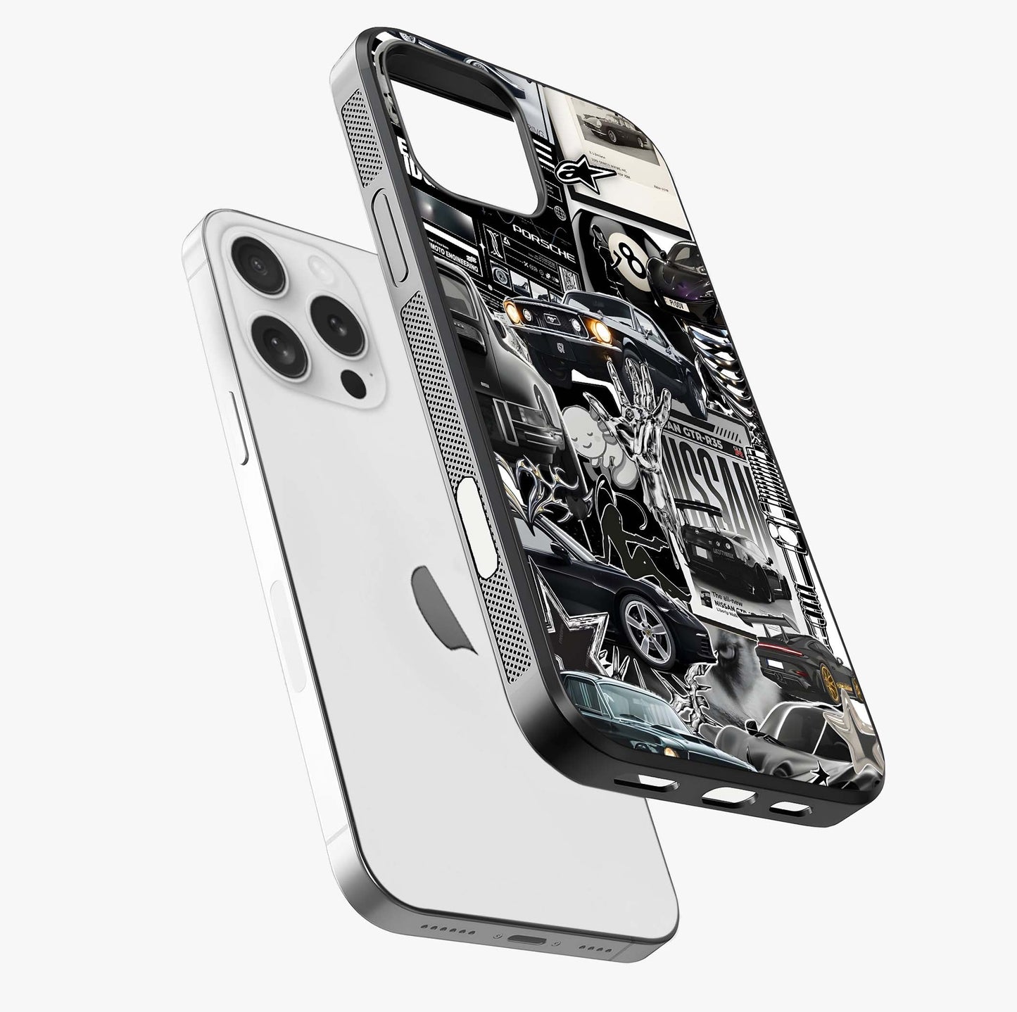 Aesthetic Dark Love Glass Case laid diagonally highlighting side profile, edges and glossy glass shine.