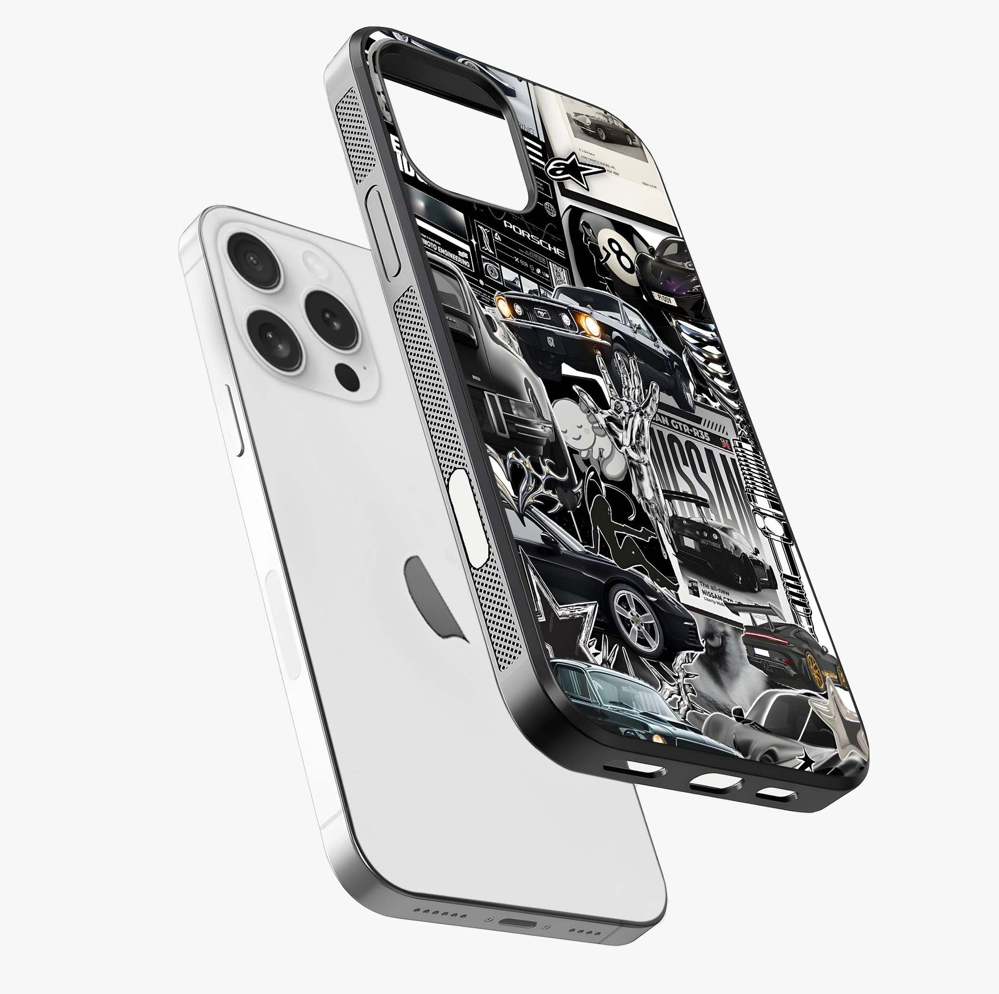 Aesthetic Dark Love Glass Case laid diagonally highlighting side profile, edges and glossy glass shine.