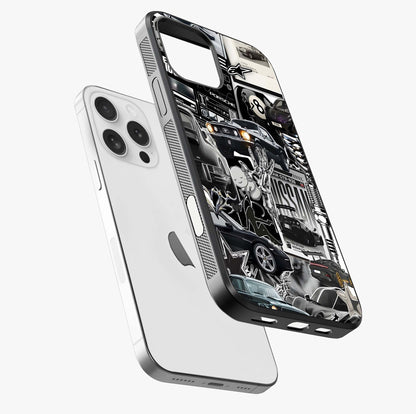 Aesthetic Dark Love Glass Case laid diagonally highlighting side profile, edges and glossy glass shine.