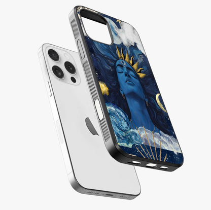 Aesthetic Lord Shiva Glass Case laid diagonally highlighting side profile, edges and glossy glass shine.
