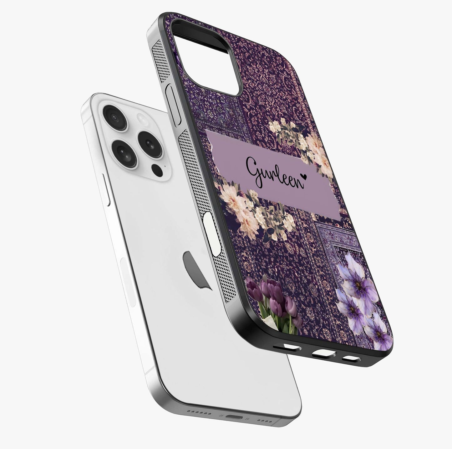 Antique Floral Whisper Custom Name Glass Case laid diagonally highlighting side profile, edges and glossy glass shine.