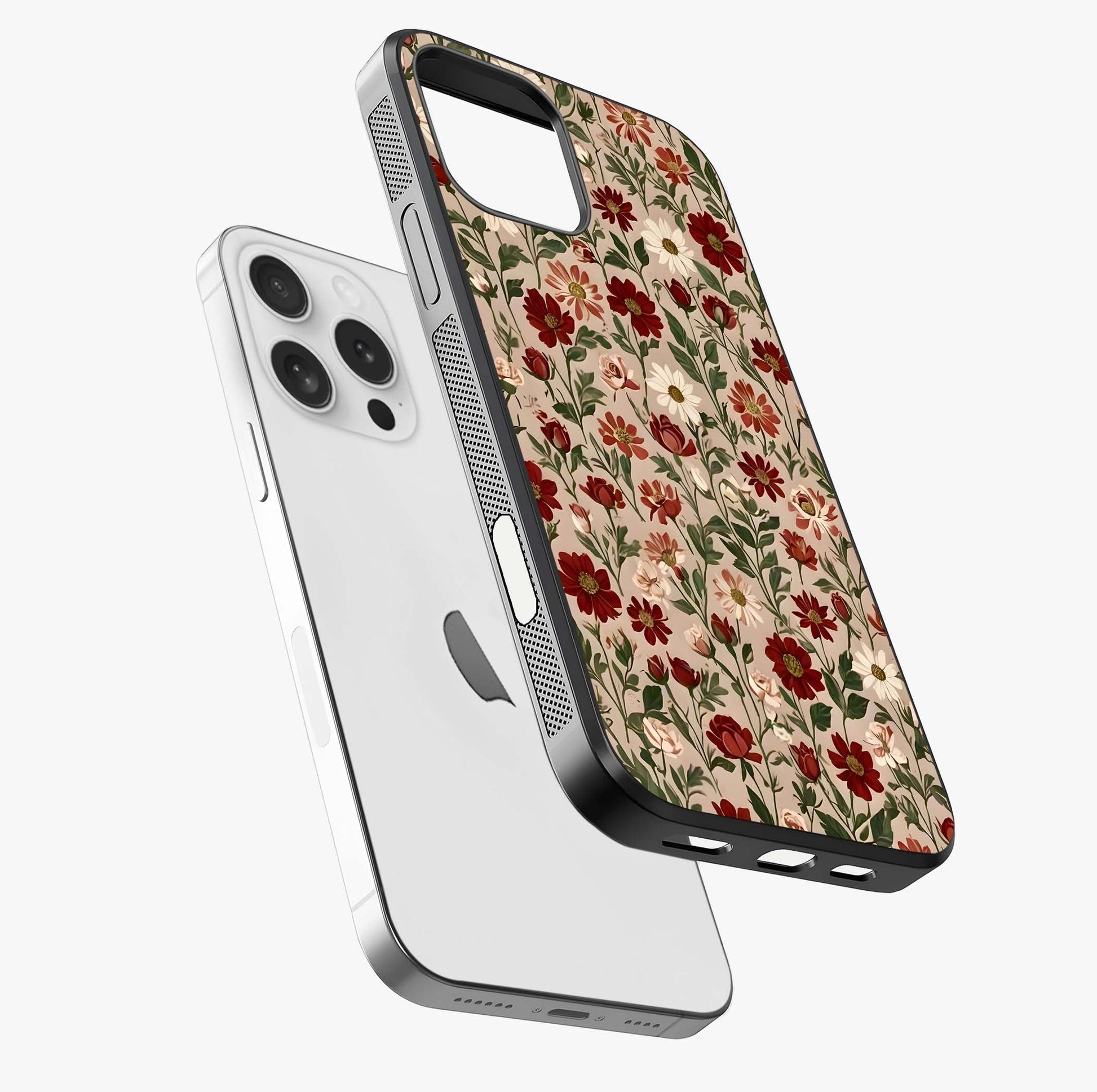 Biege Flower With Leaf Glass Case laid diagonally highlighting side profile, edges and glossy glass shine.