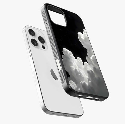 Black Background With White Cloud Glass Case laid diagonally highlighting side profile, edges and glossy glass shine.