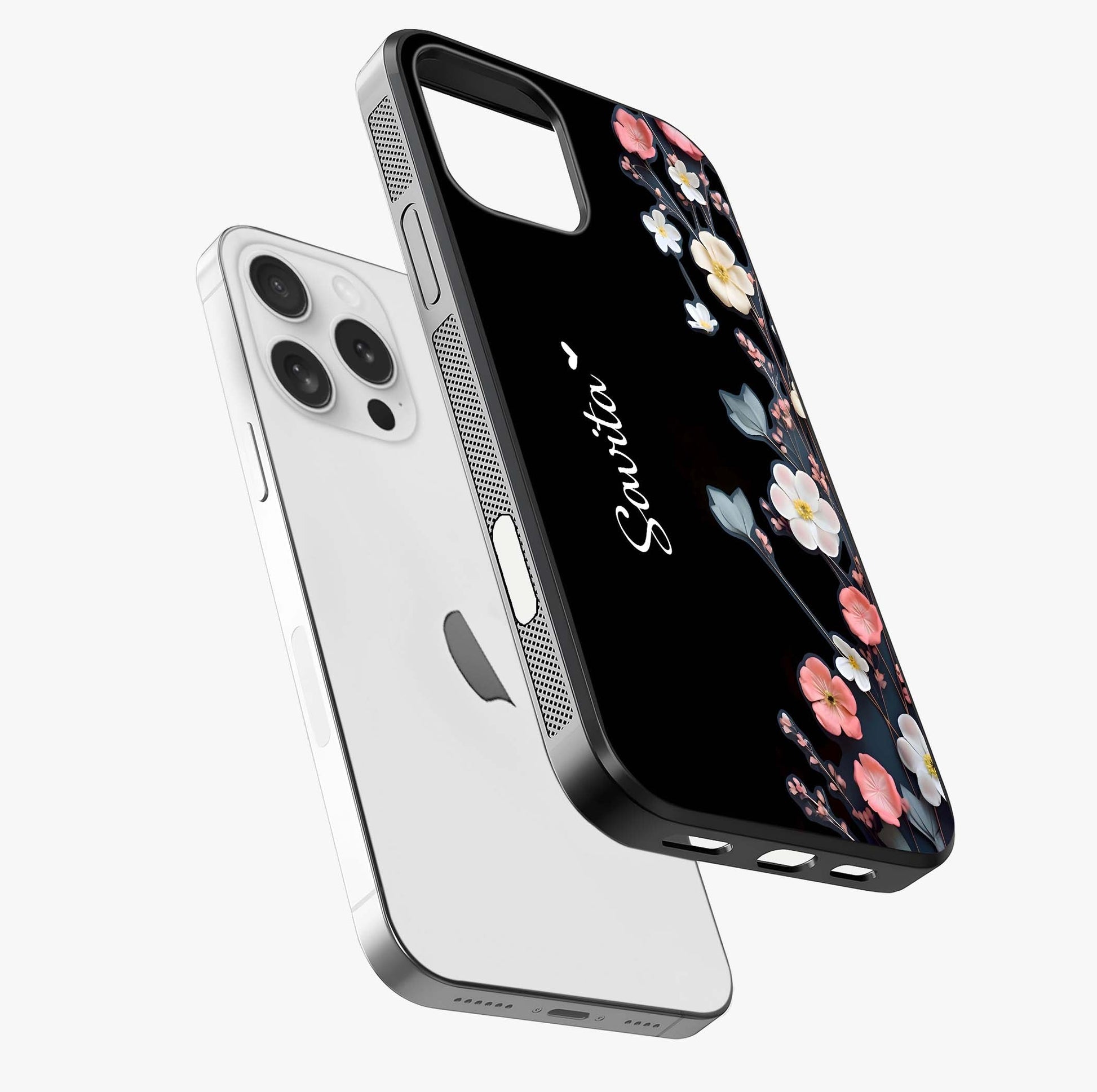 Black Elegance Floral Custom Name Glass Case laid diagonally highlighting side profile, edges and glossy glass shine.