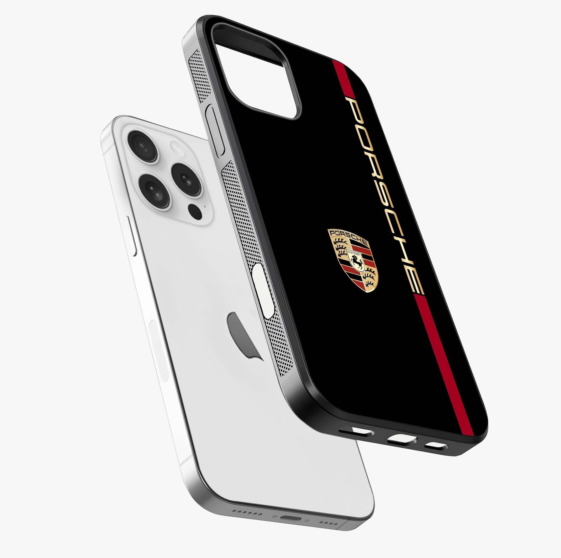 Black Minimal Porsche Glass Case laid diagonally highlighting side profile, edges and glossy glass shine.