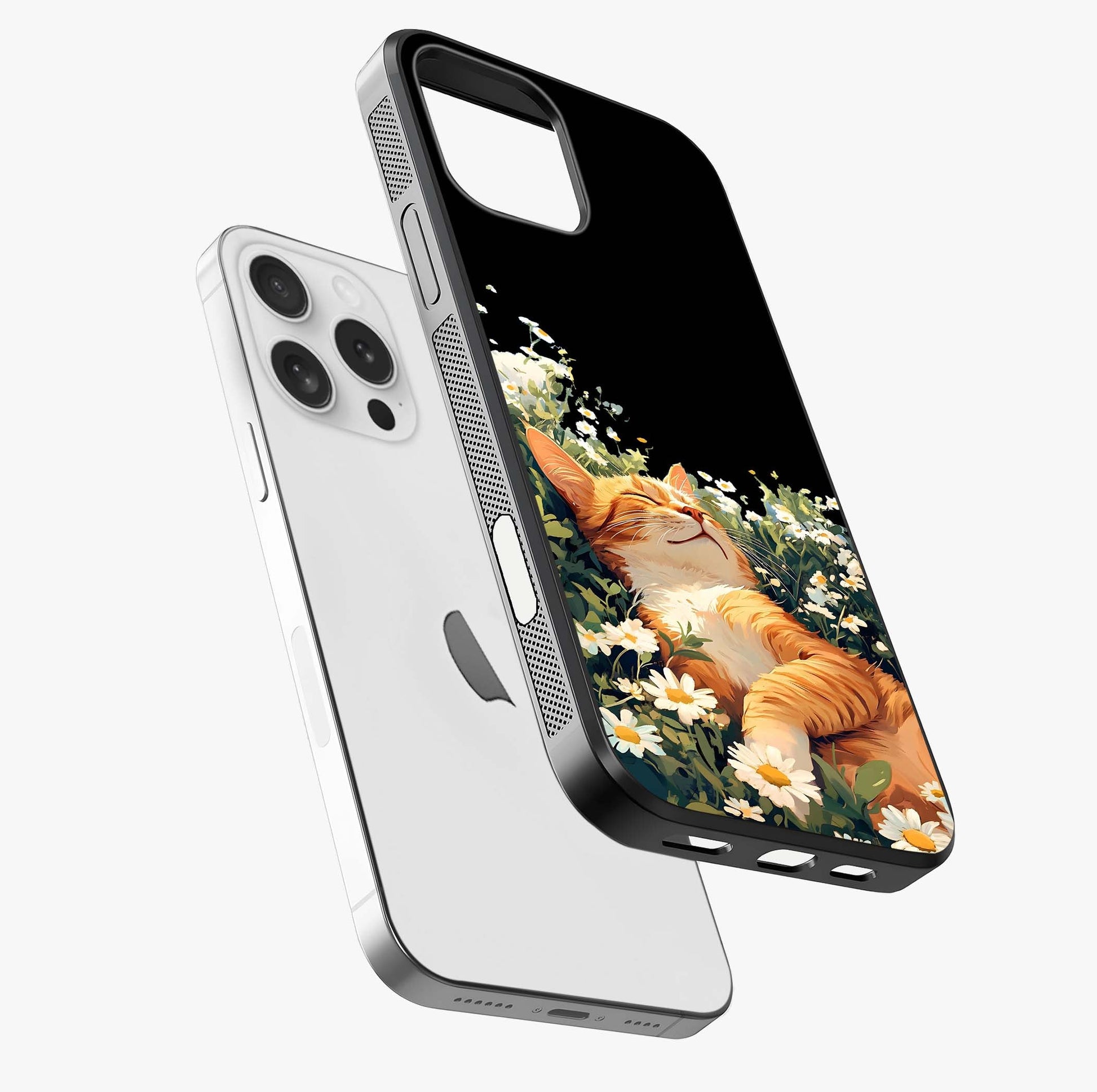 Blissful Bloom Cat Glass Case laid diagonally highlighting side profile, edges and glossy glass shine.