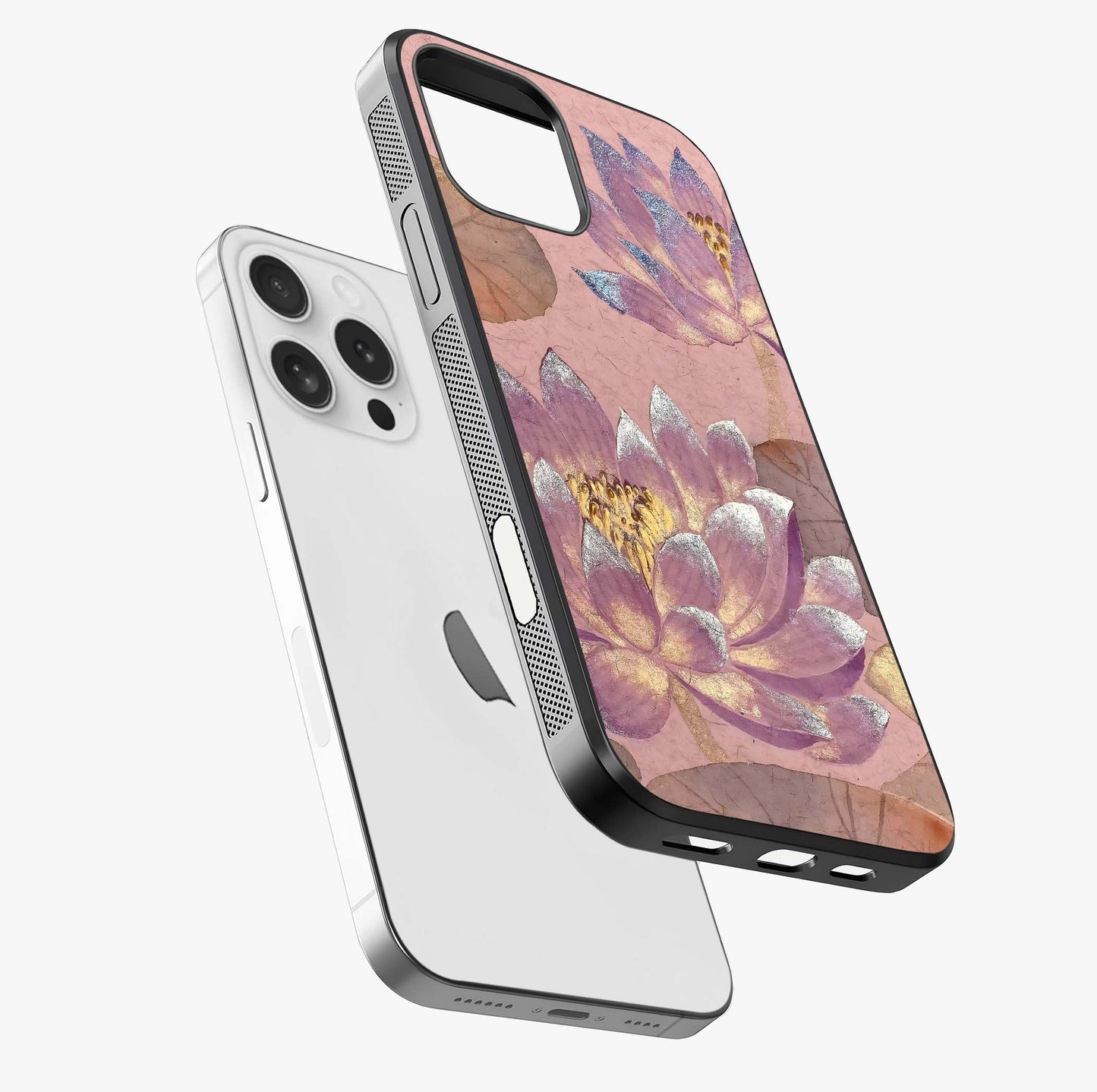 Blossom Mist Lotus Glass Case laid diagonally highlighting side profile, edges and glossy glass shine.