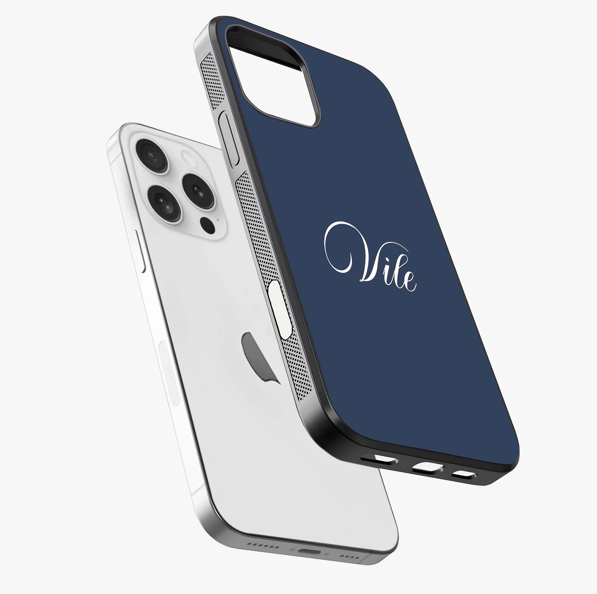 Blue Background Personalized Custom Name Glass Case laid diagonally highlighting side profile, edges and glossy glass shine.
