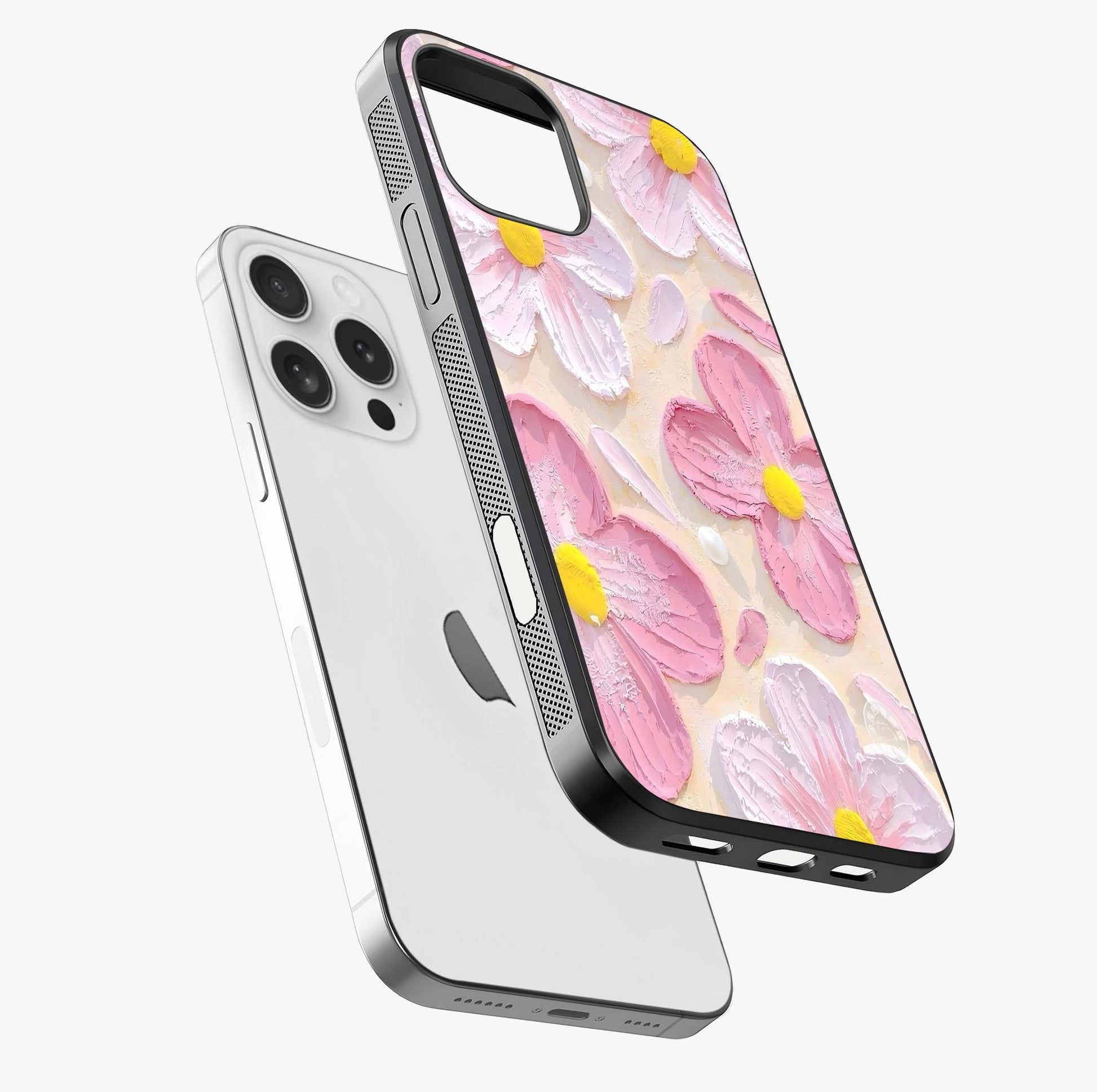Blush Bloom Texture Glass Case laid diagonally highlighting side profile, edges and glossy glass shine.