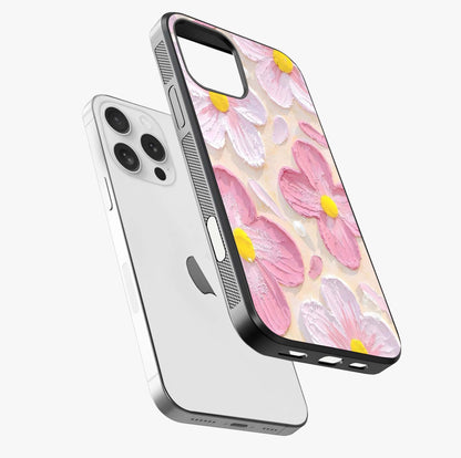 Blush Bloom Texture Glass Case laid diagonally highlighting side profile, edges and glossy glass shine.