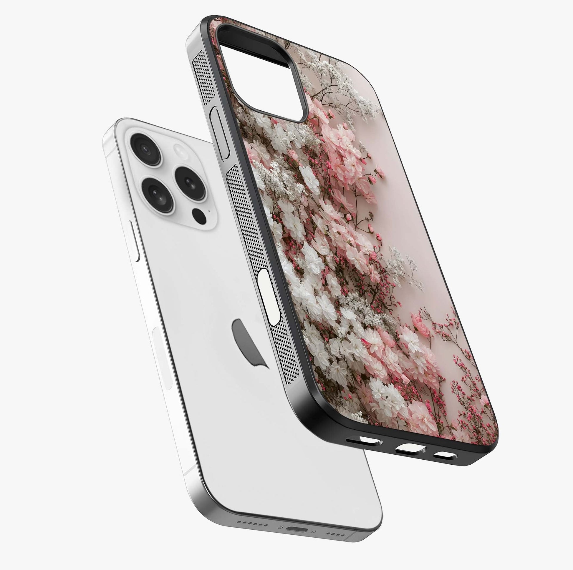 Blush Blossom Cloud Glass Case laid diagonally highlighting side profile, edges and glossy glass shine.
