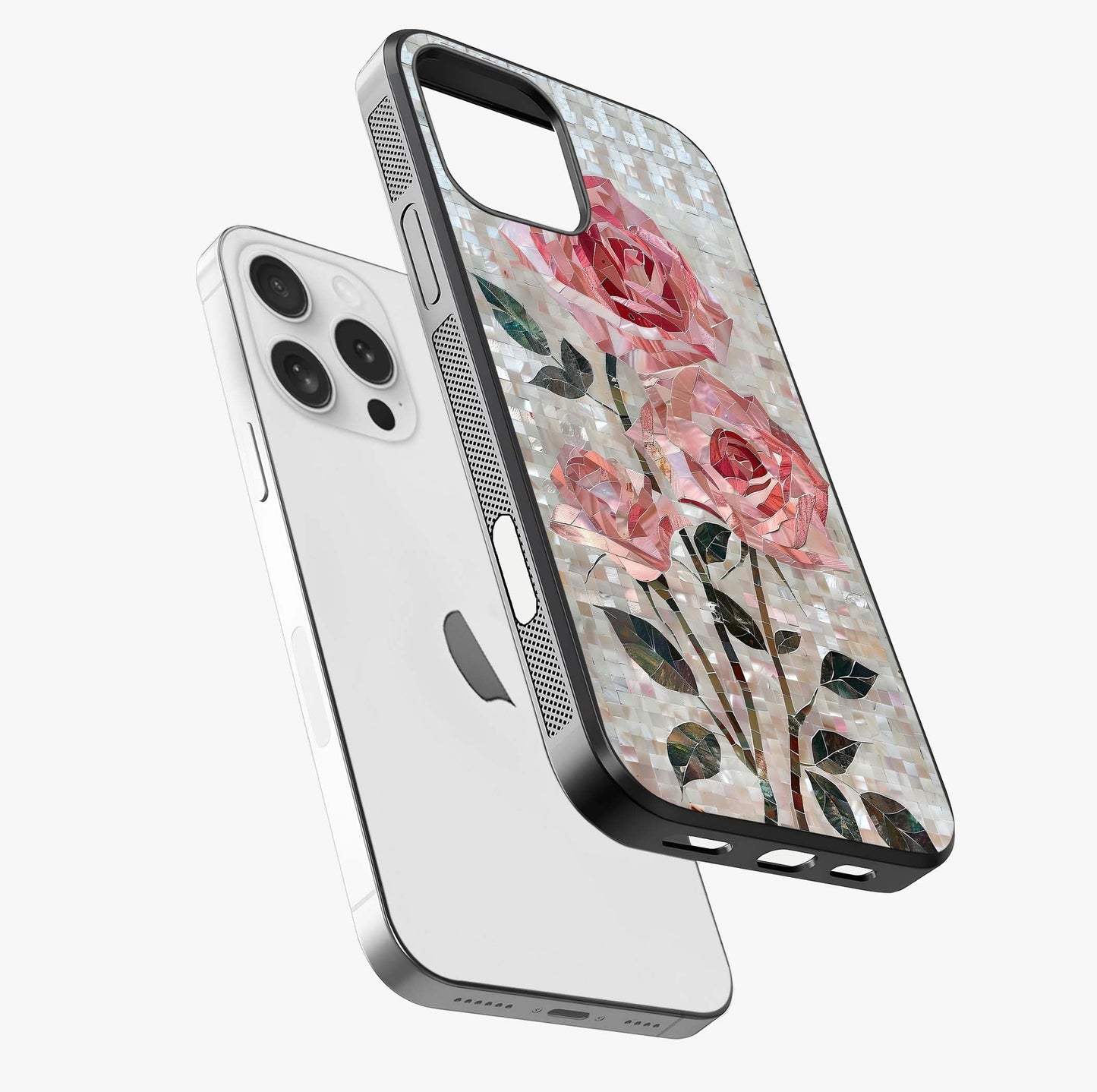 Blush Mosaic Bloom Glass Case laid diagonally highlighting side profile, edges and glossy glass shine.