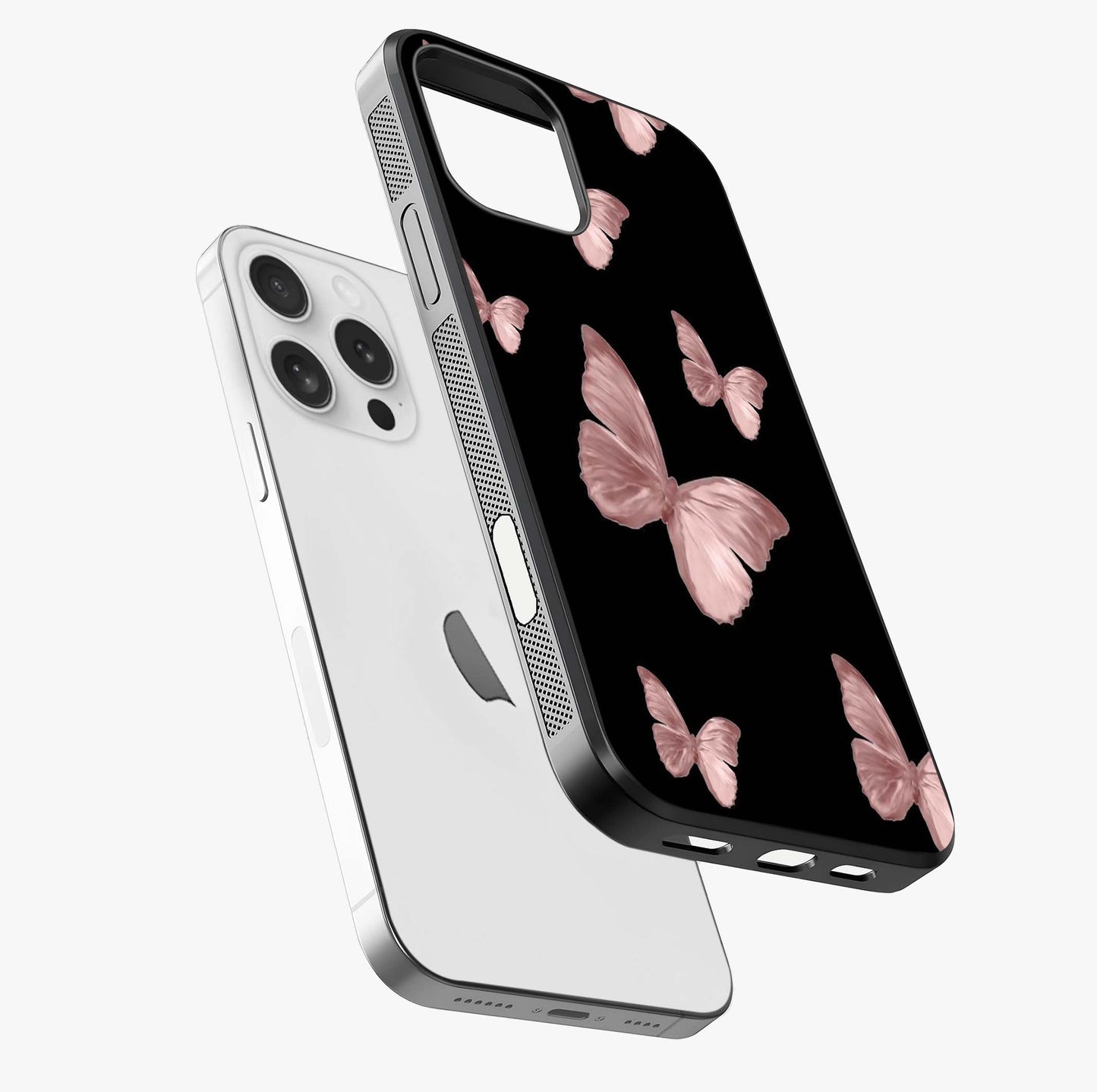 Butterfly Pattern Glass Case laid diagonally highlighting side profile, edges and glossy glass shine.