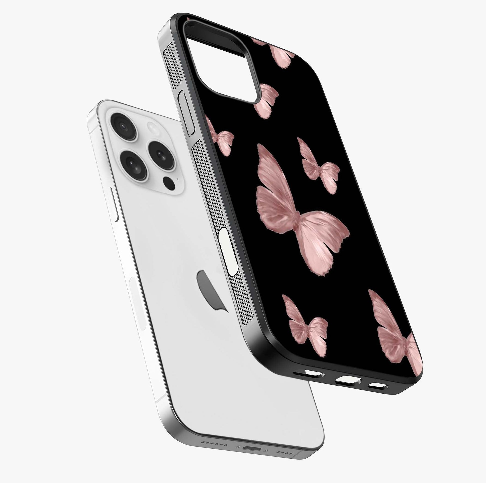 Butterfly Pattern Glass Case laid diagonally highlighting side profile, edges and glossy glass shine.