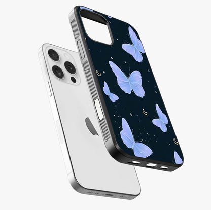 Butterfly With Stars Pattern Glass Case laid diagonally highlighting side profile, edges and glossy glass shine.