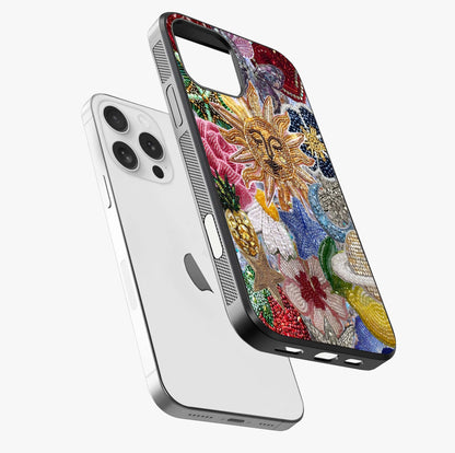 Celestial Floral And Playful Glass Case laid diagonally highlighting side profile, edges and glossy glass shine.