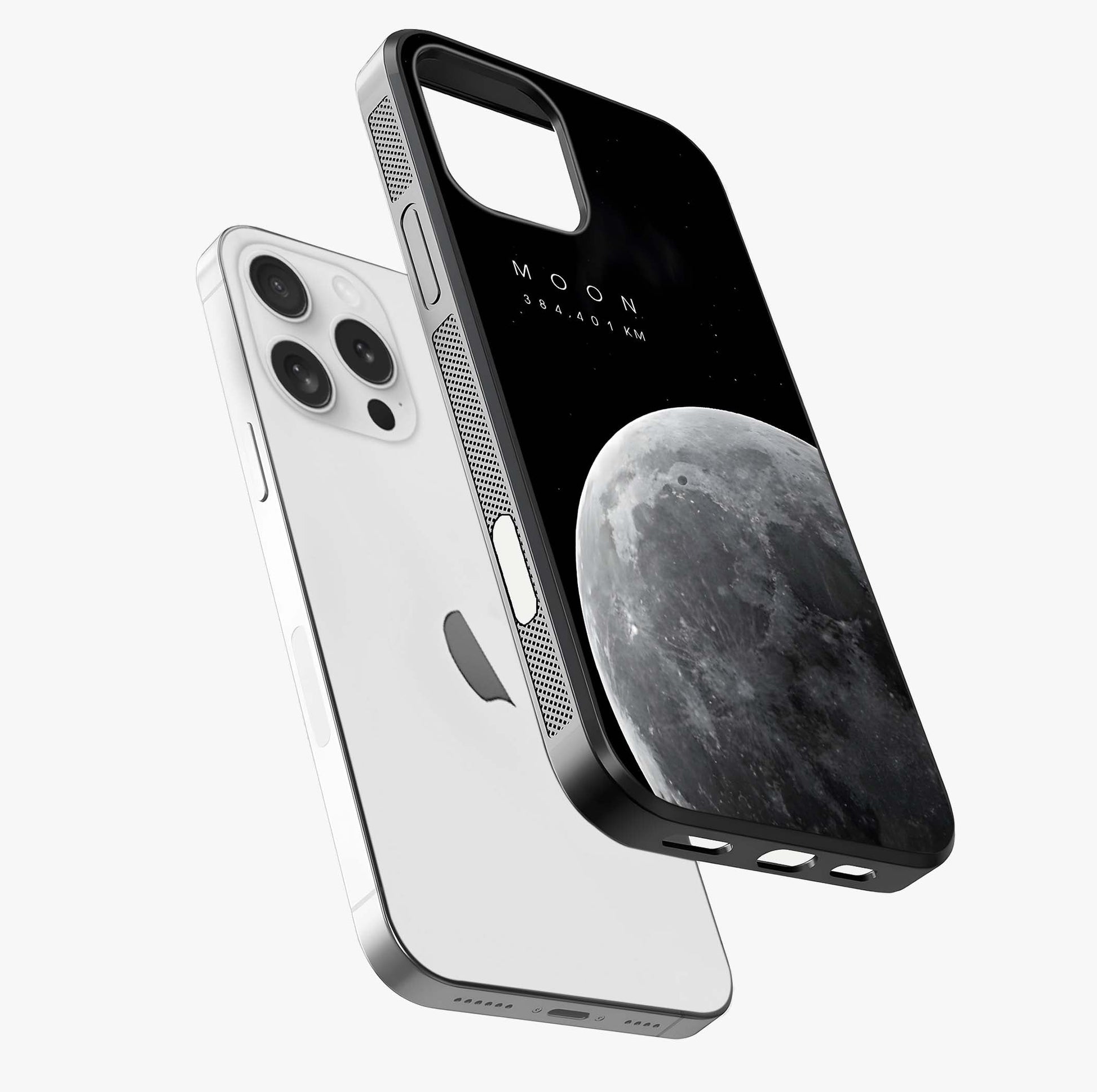 Cosmic Moon Glow Glass Case laid diagonally highlighting side profile, edges and glossy glass shine.