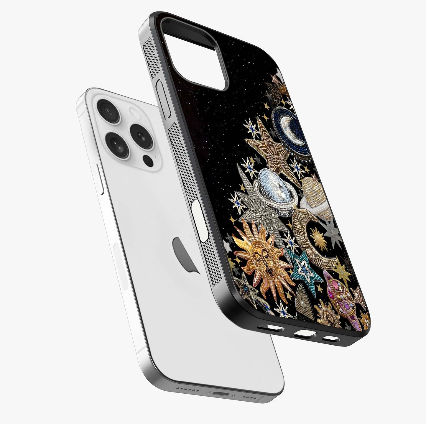 Cosmic Sparkle Dreams Glass Case laid diagonally highlighting side profile, edges and glossy glass shine.