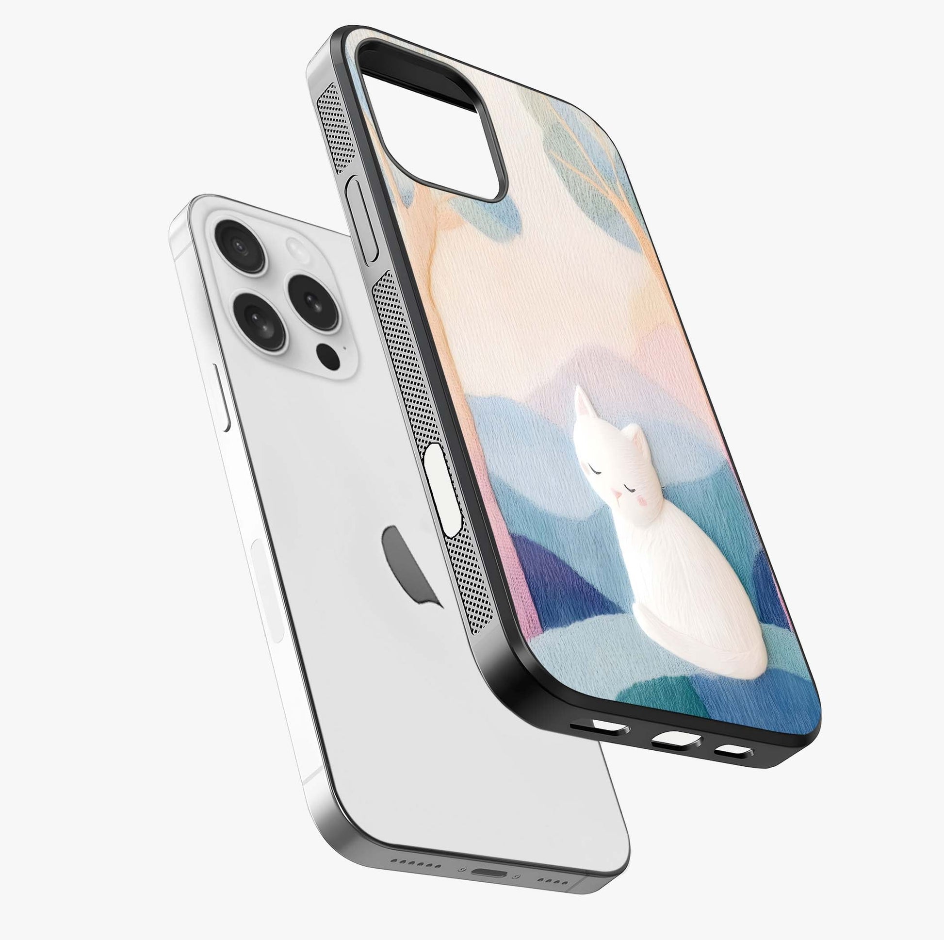 Cotton Dream Cat Glass Case laid diagonally highlighting side profile, edges and glossy glass shine.