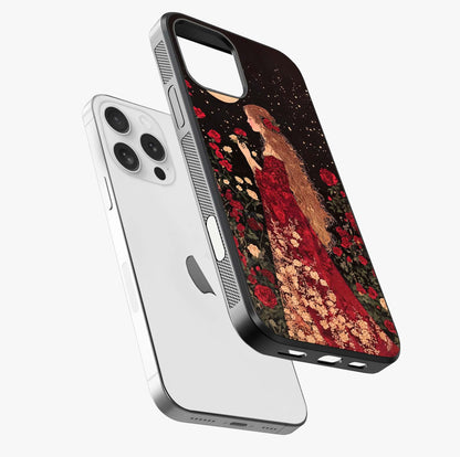 Crimson Dreams Glass Case laid diagonally highlighting side profile, edges and glossy glass shine.