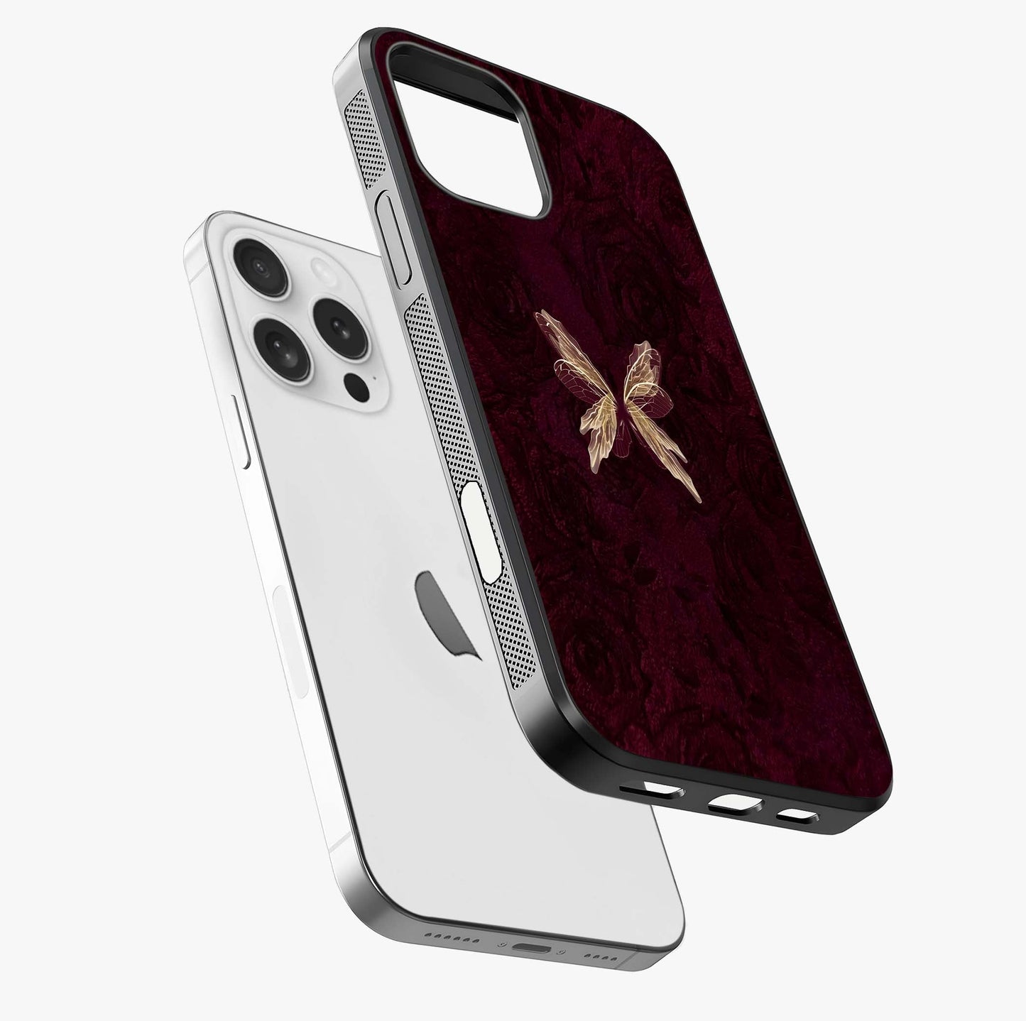 Crimson Fade Butterfly Glass Case laid diagonally highlighting side profile, edges and glossy glass shine.