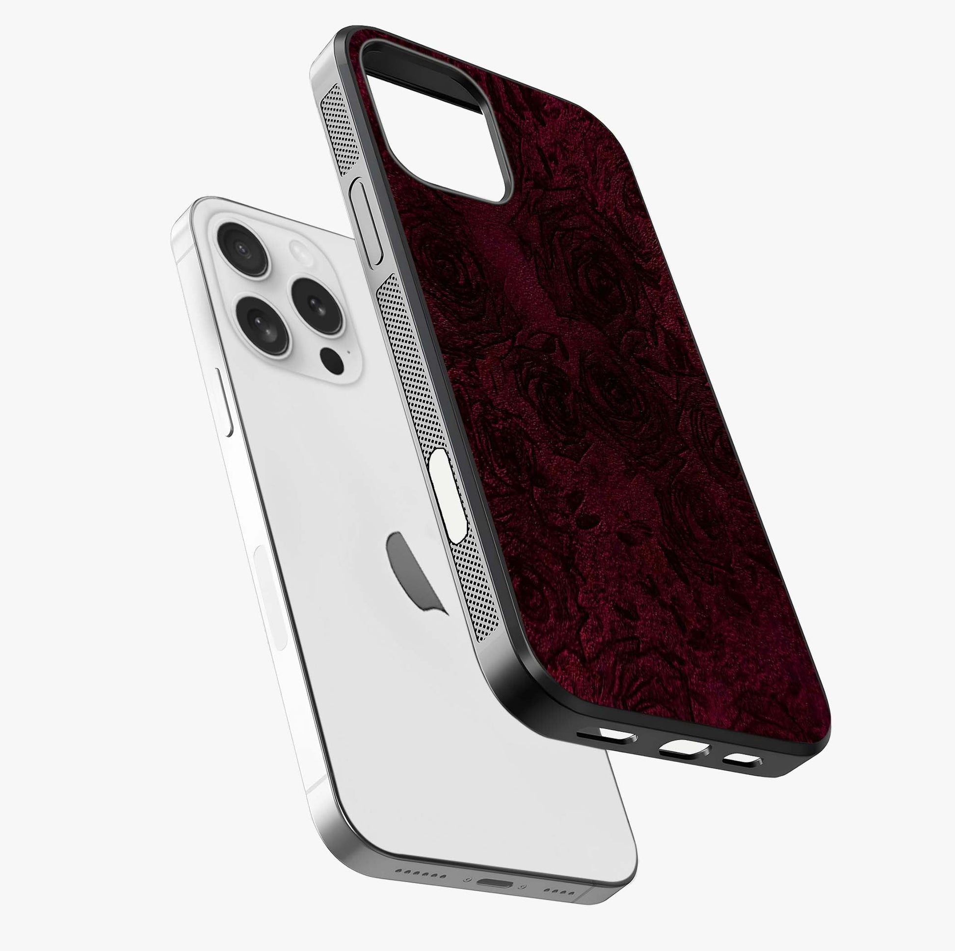 Crimson Fade Flow Glass Case laid diagonally highlighting side profile, edges and glossy glass shine.