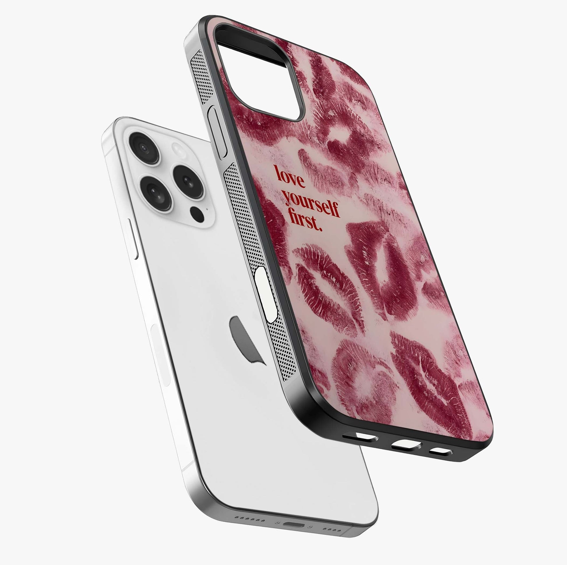 Crimson Kiss Love Glass Case laid diagonally highlighting side profile, edges and glossy glass shine.