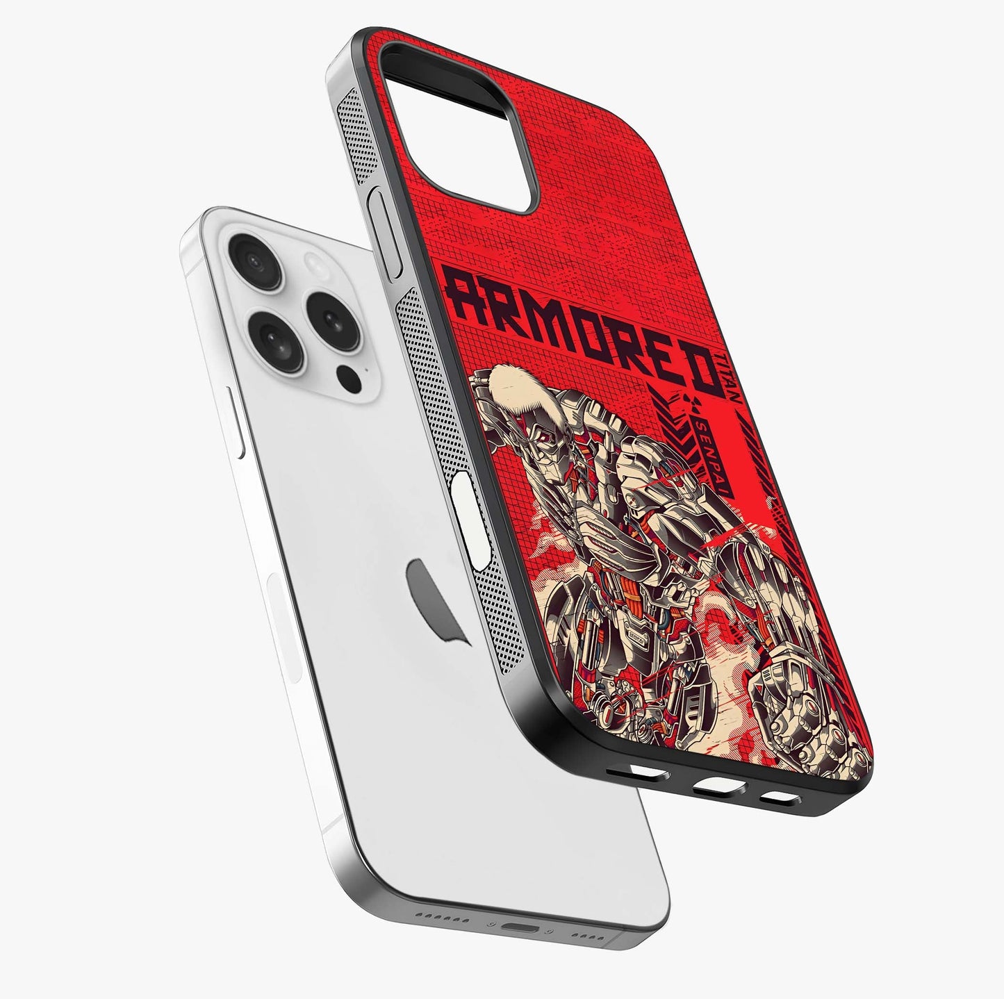 Crimson Mecha Titan Glass Case laid diagonally highlighting side profile, edges and glossy glass shine.