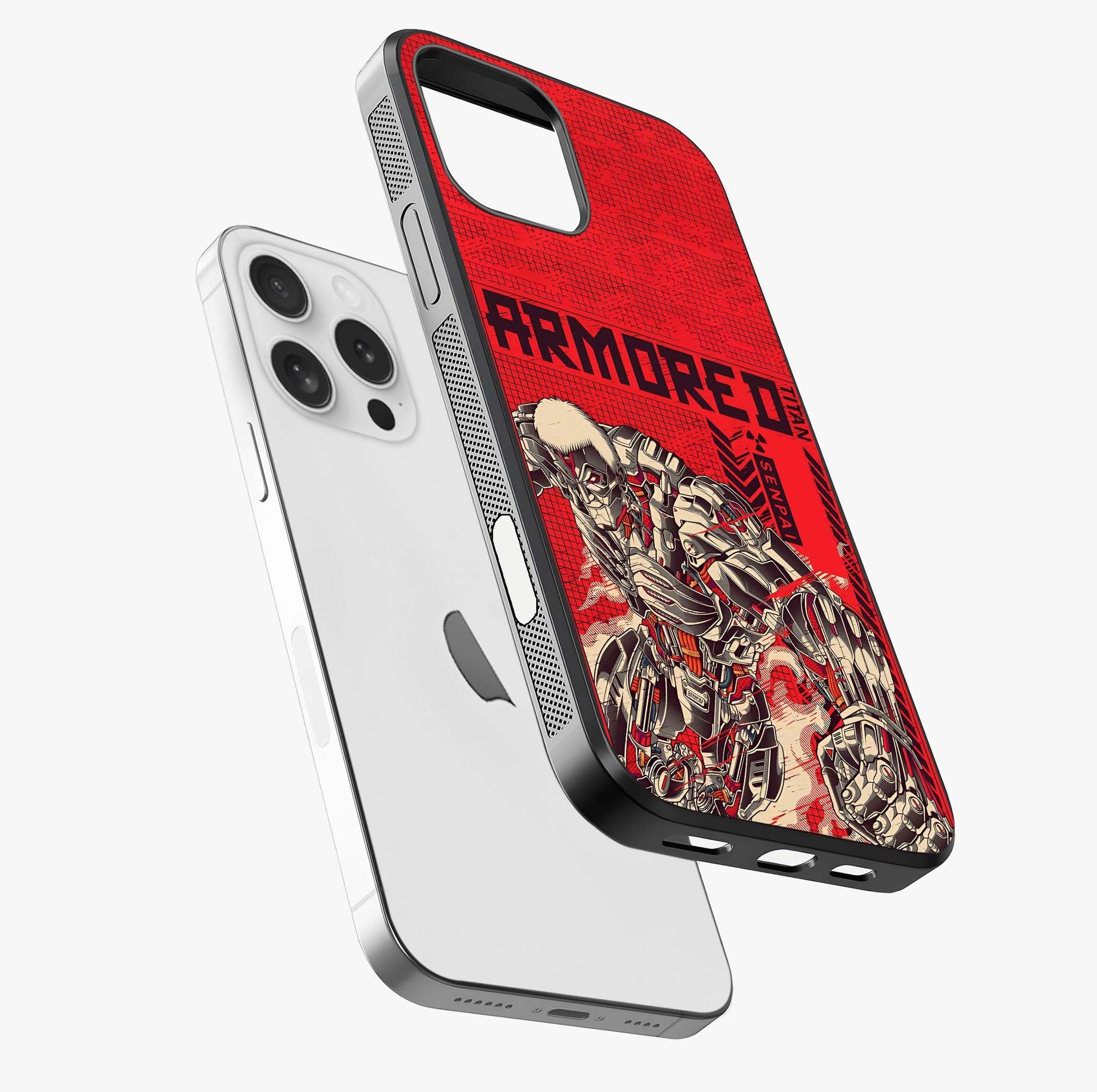 Crimson Mecha Titan Glass Case laid diagonally highlighting side profile, edges and glossy glass shine.