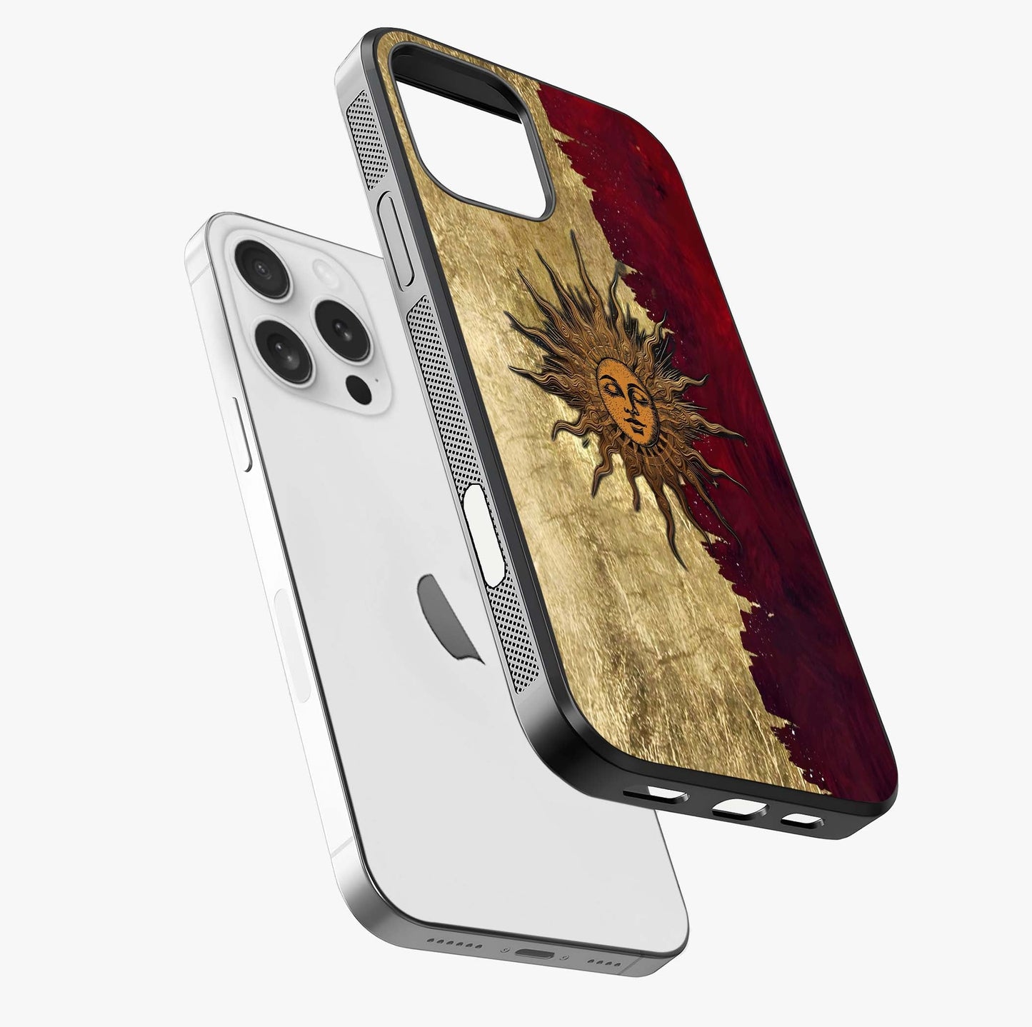 Crimson Sun Majesty Glass Case laid diagonally highlighting side profile, edges and glossy glass shine.