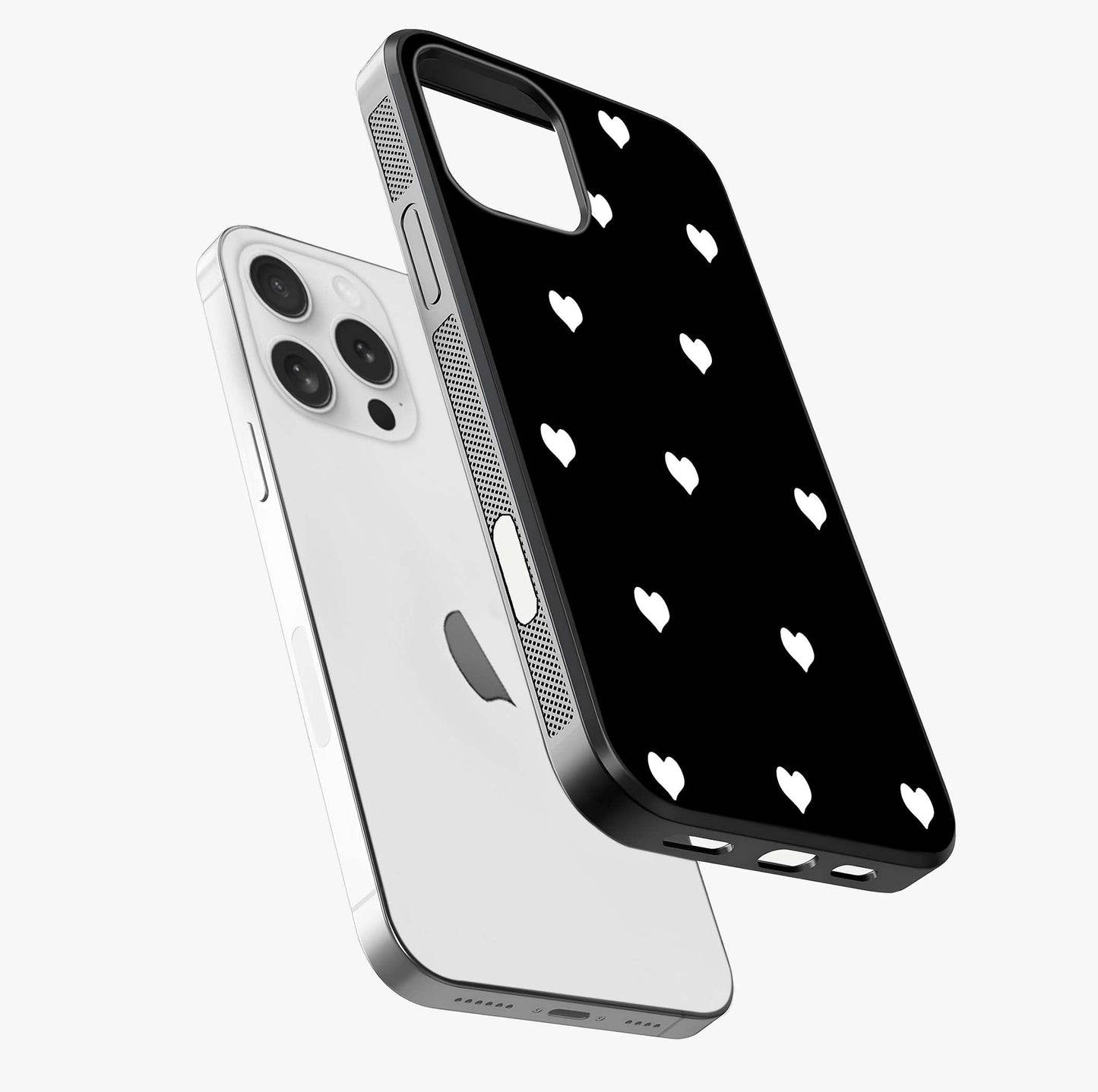 Cute And Simple White Hearts Glass Case laid diagonally highlighting side profile, edges and glossy glass shine.