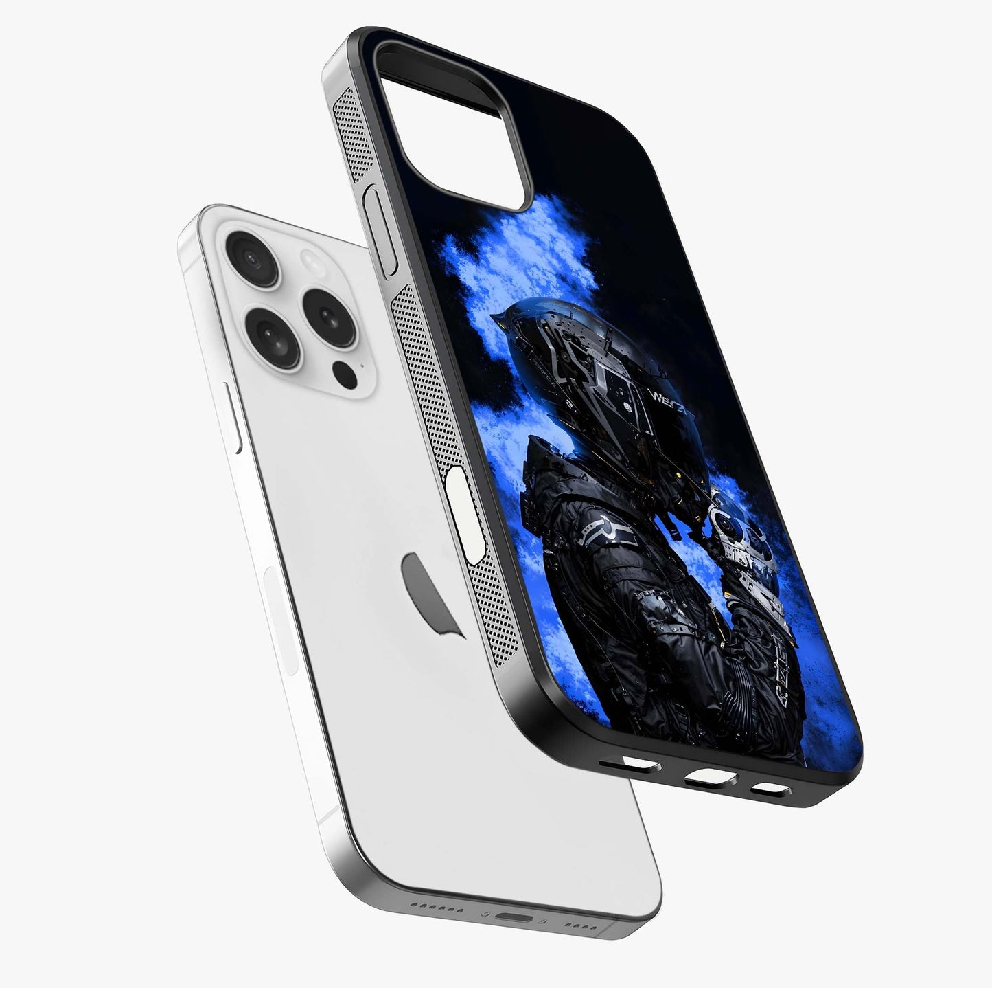 Cyber Sentinel Protocol Glass Case laid diagonally highlighting side profile, edges and glossy glass shine.