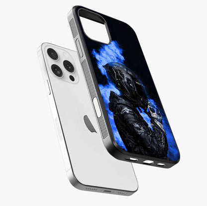 Cyber Sentinel Protocol Glass Case laid diagonally highlighting side profile, edges and glossy glass shine.