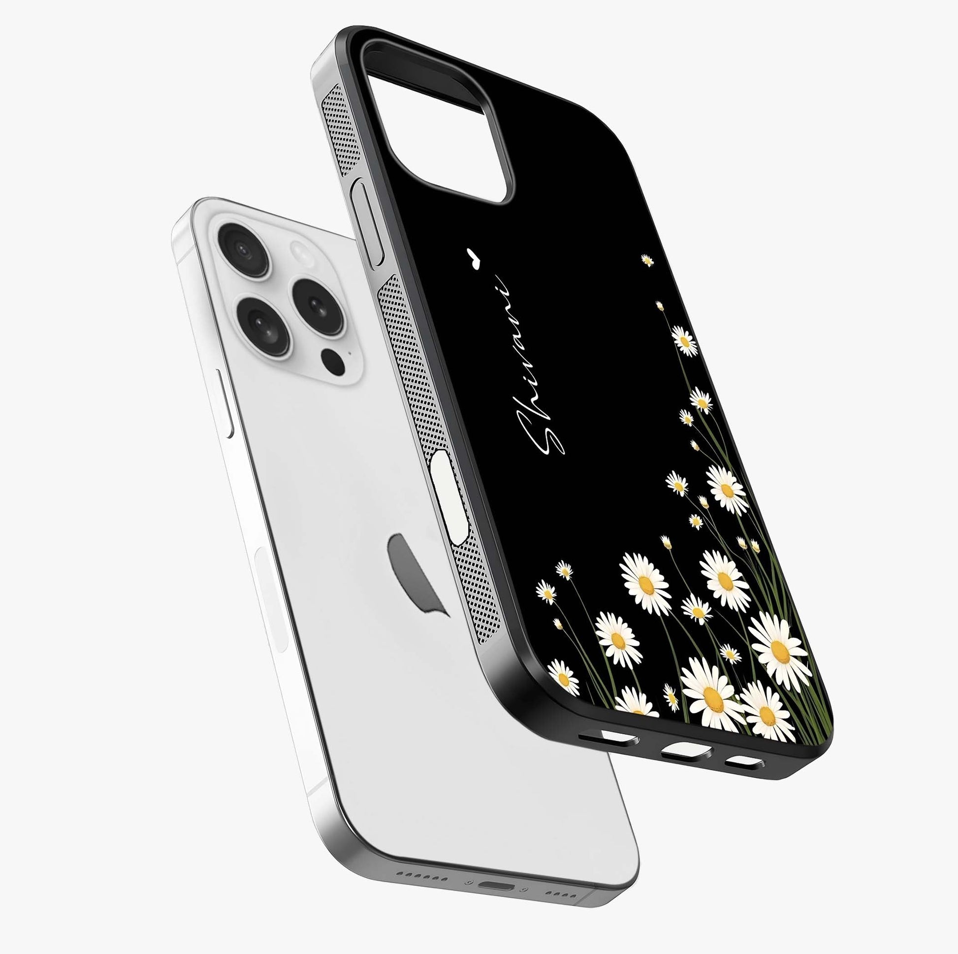 Daisy Cascade Custom Name Glass Case laid diagonally highlighting side profile, edges and glossy glass shine.