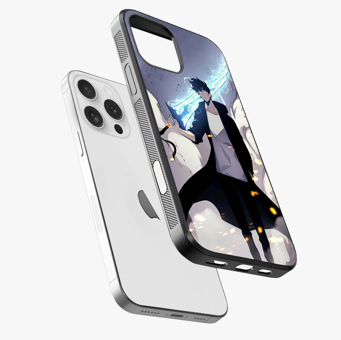Dark Lightning Anime Warrior Glass Case laid diagonally highlighting side profile, edges and glossy glass shine.