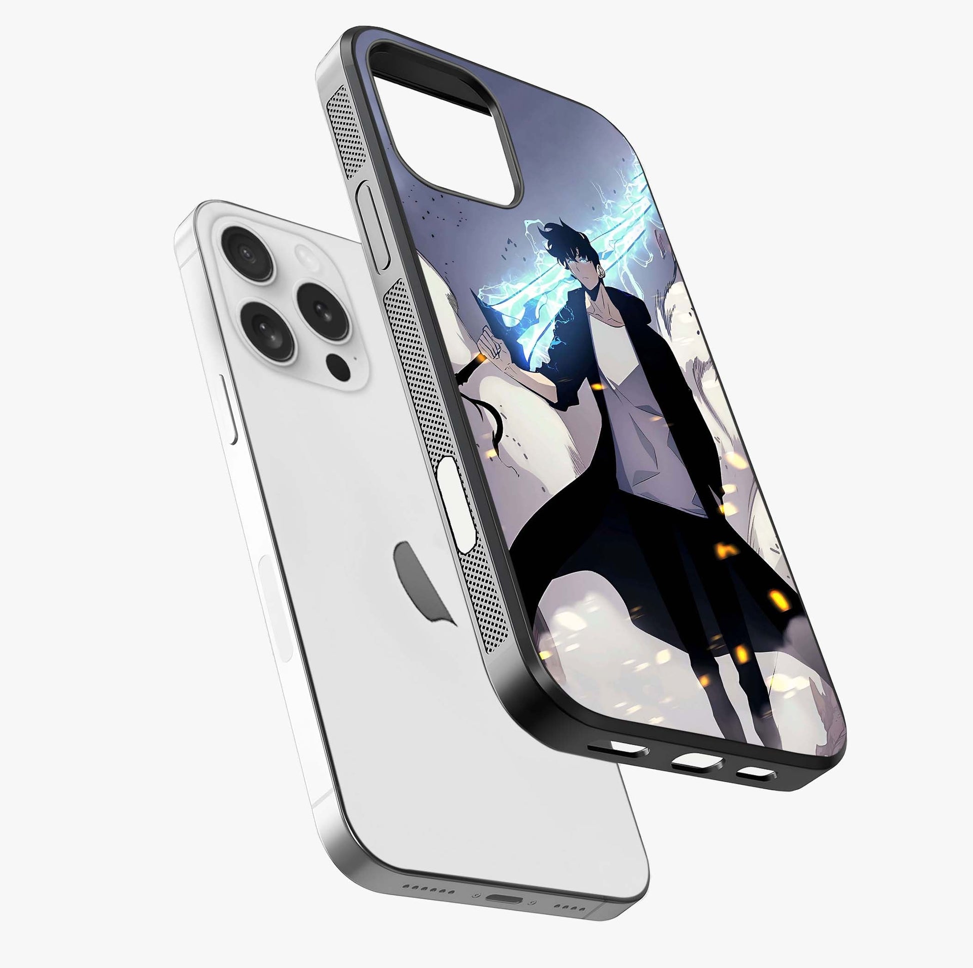 Dark Lightning Anime Warrior Glass Case laid diagonally highlighting side profile, edges and glossy glass shine.
