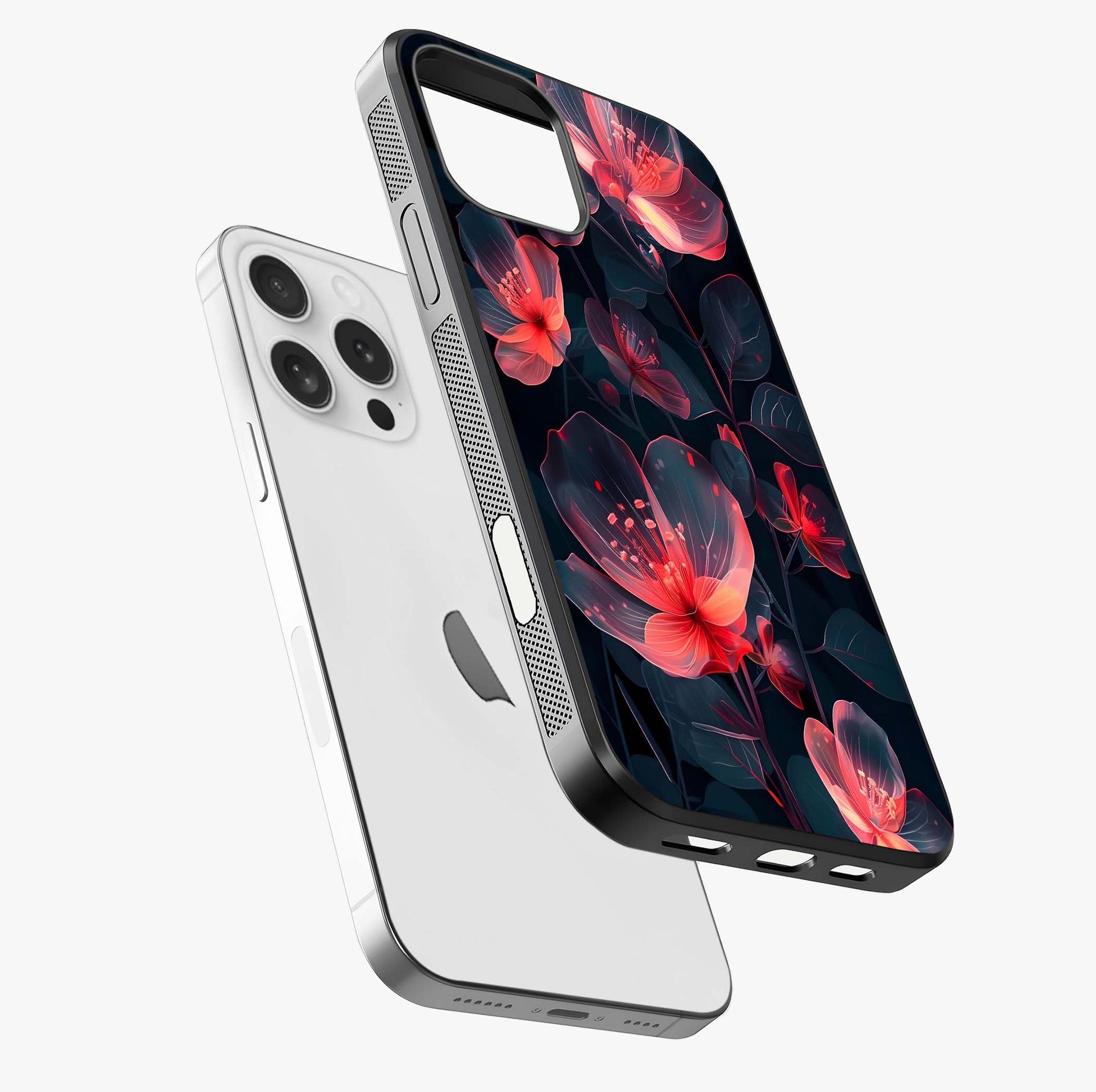 Dark Shade Of Flower Glass Case laid diagonally highlighting side profile, edges and glossy glass shine.