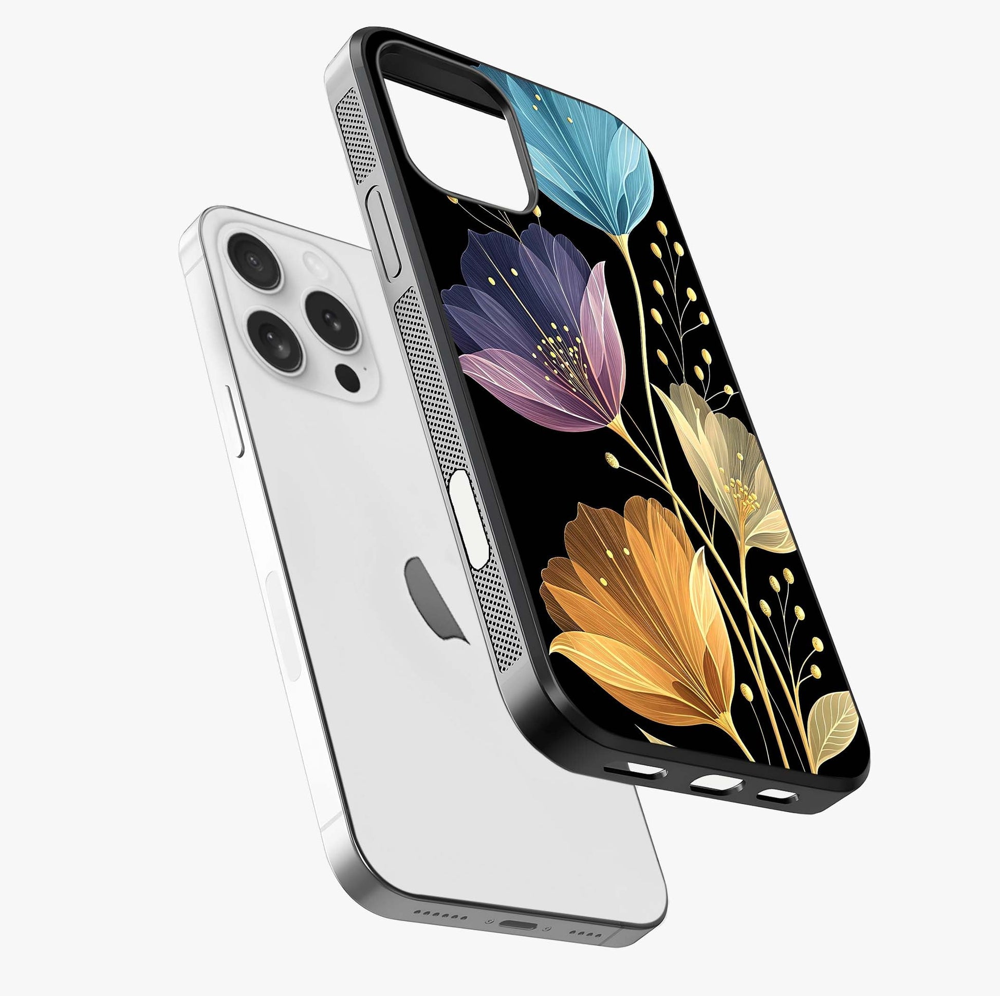 Delicate Multicolor Flowers Glass Case laid diagonally highlighting side profile, edges and glossy glass shine.