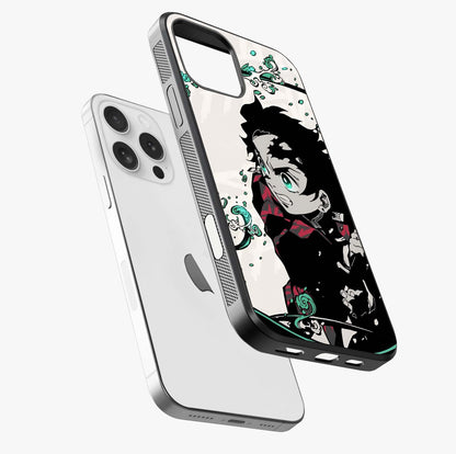 Demon Slayer Glass Case laid diagonally highlighting side profile, edges and glossy glass shine.