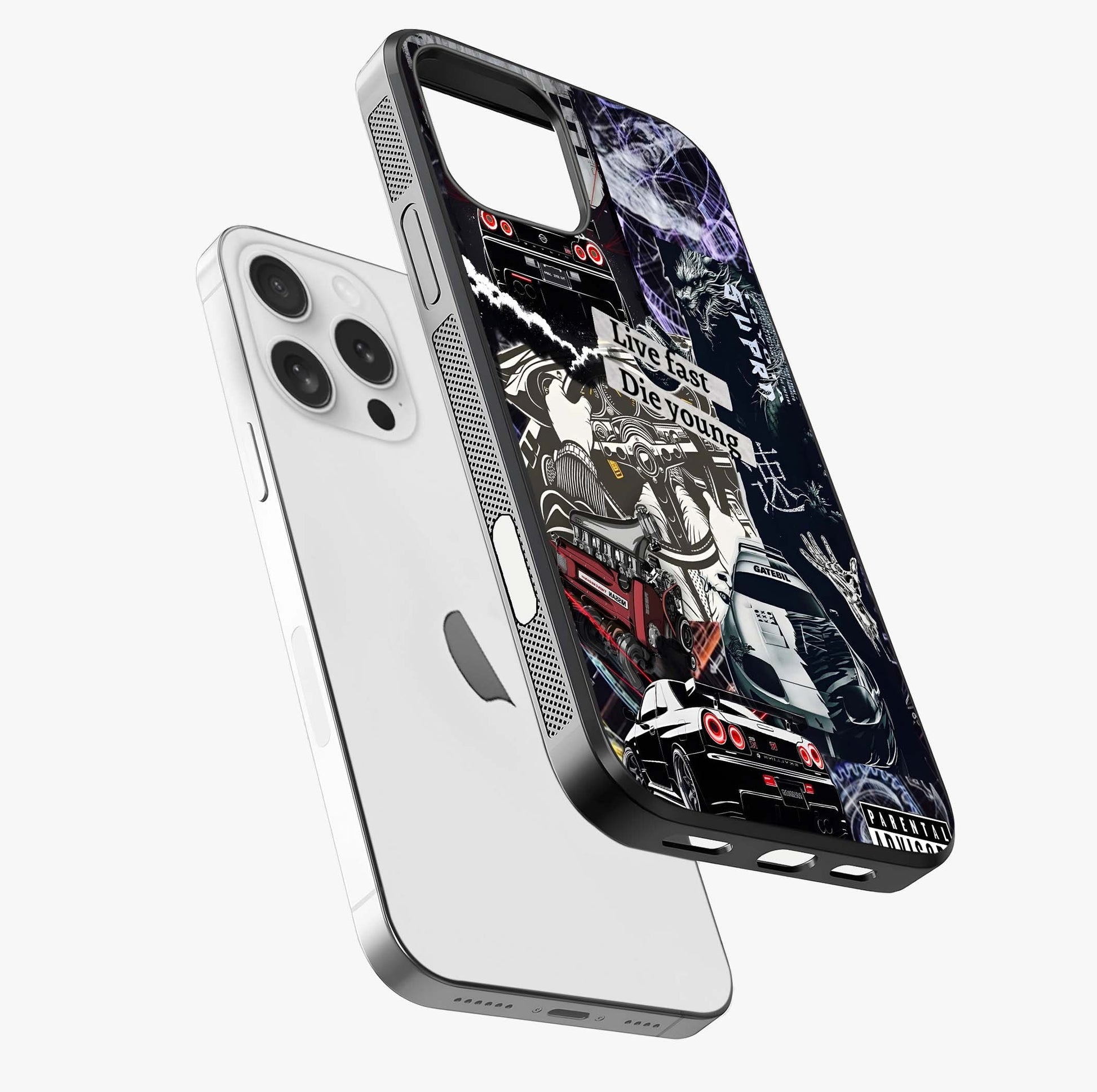 Die Young Glass Case laid diagonally highlighting side profile, edges and glossy glass shine.