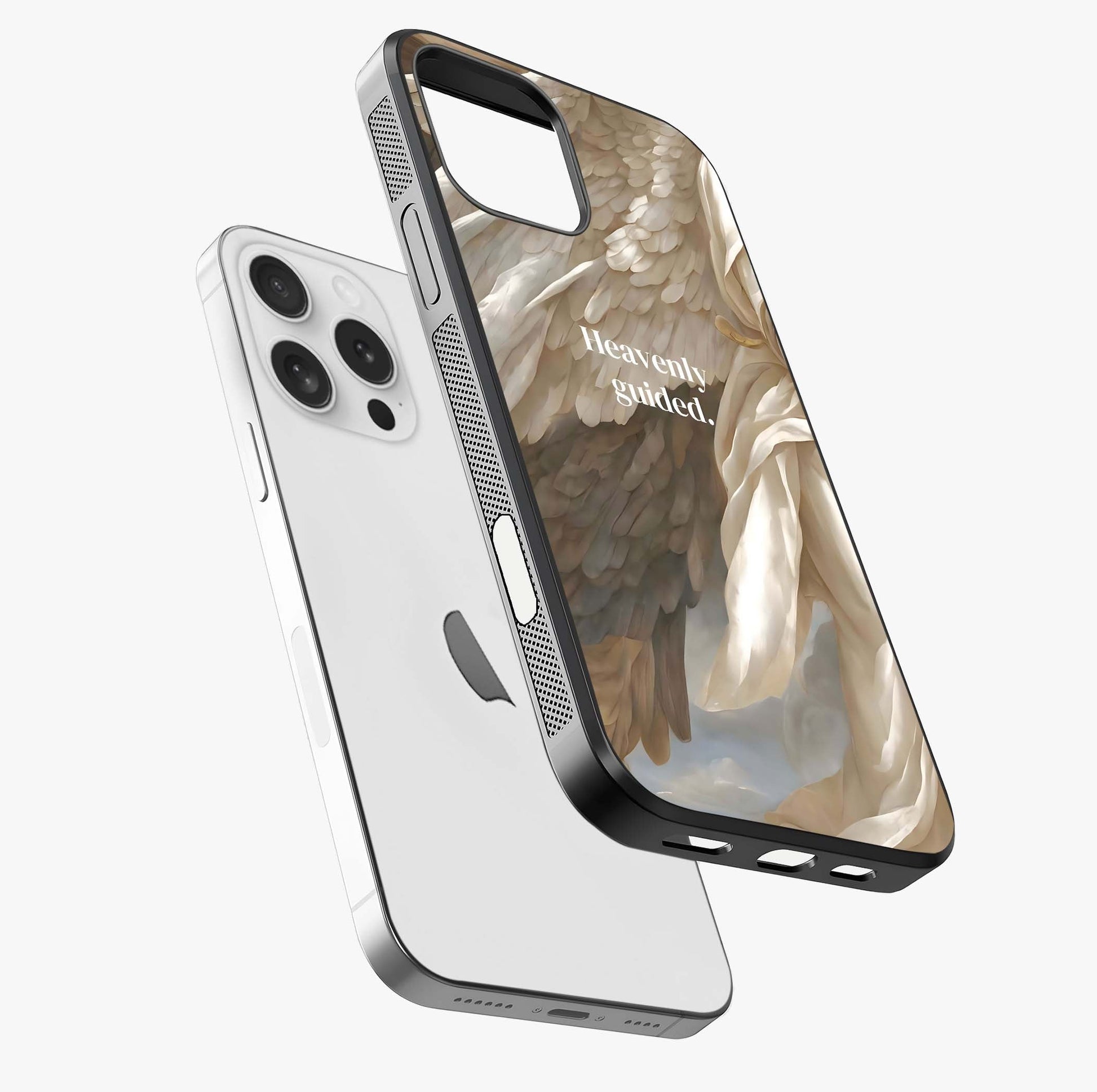 Divine Winged Grace Glass Case laid diagonally highlighting side profile, edges and glossy glass shine.