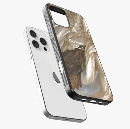 Divine Winged Grace Glass Case laid diagonally highlighting side profile, edges and glossy glass shine.