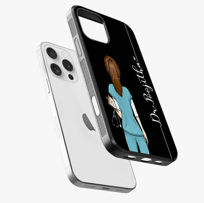 Doctor Pattern Custom Name Glass Case laid diagonally highlighting side profile, edges and glossy glass shine.