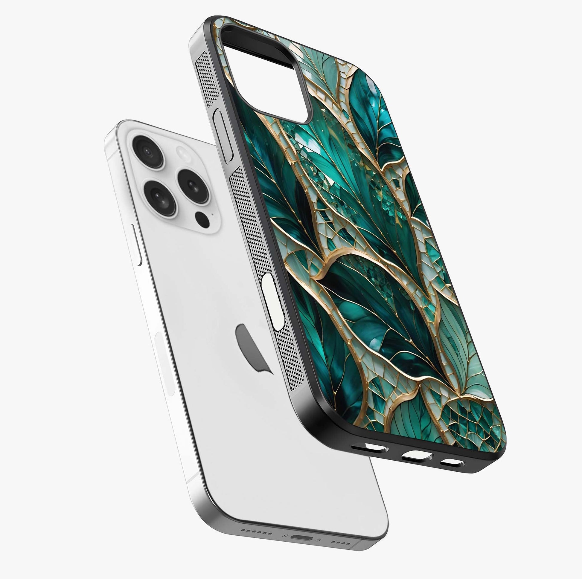 Emerald Leaf Glass Glass Case laid diagonally highlighting side profile, edges and glossy glass shine.
