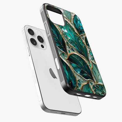 Emerald Leaf Glass Glass Case laid diagonally highlighting side profile, edges and glossy glass shine.