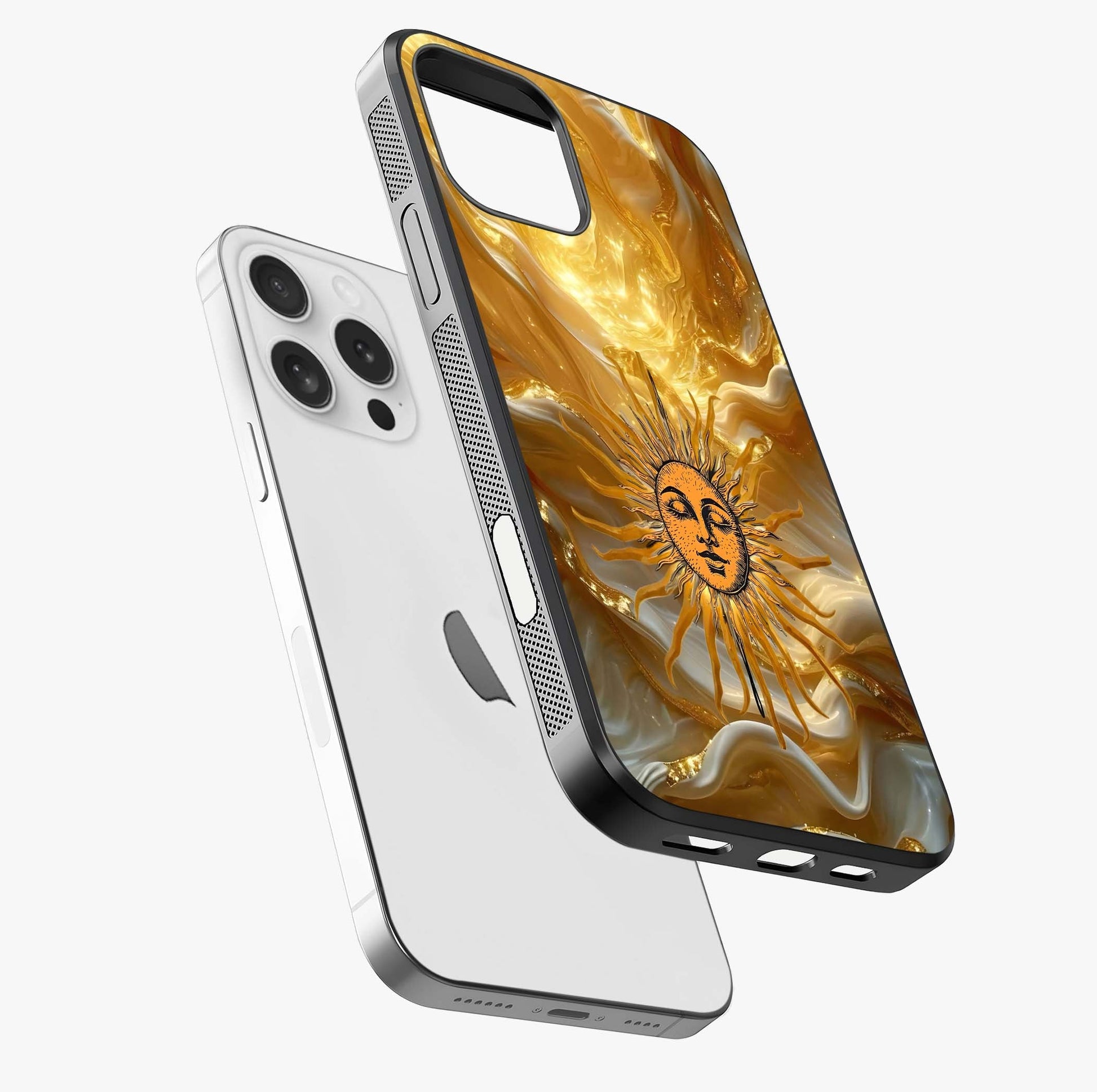 Eternal Golden Glow Glass Case laid diagonally highlighting side profile, edges and glossy glass shine.